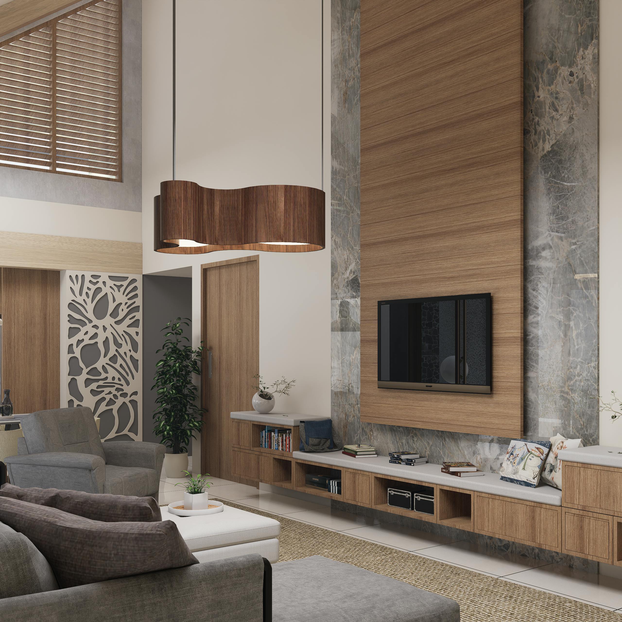 A stylish living room featuring modern and minimalist interior design elements with wooden finishes.